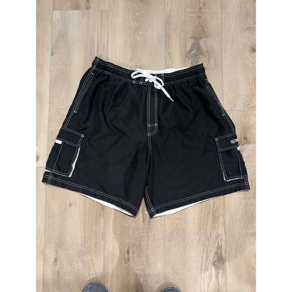 Speedo Men's Marina Volley Swim Trunk Black Cargo Pockets Sz XXL EUC